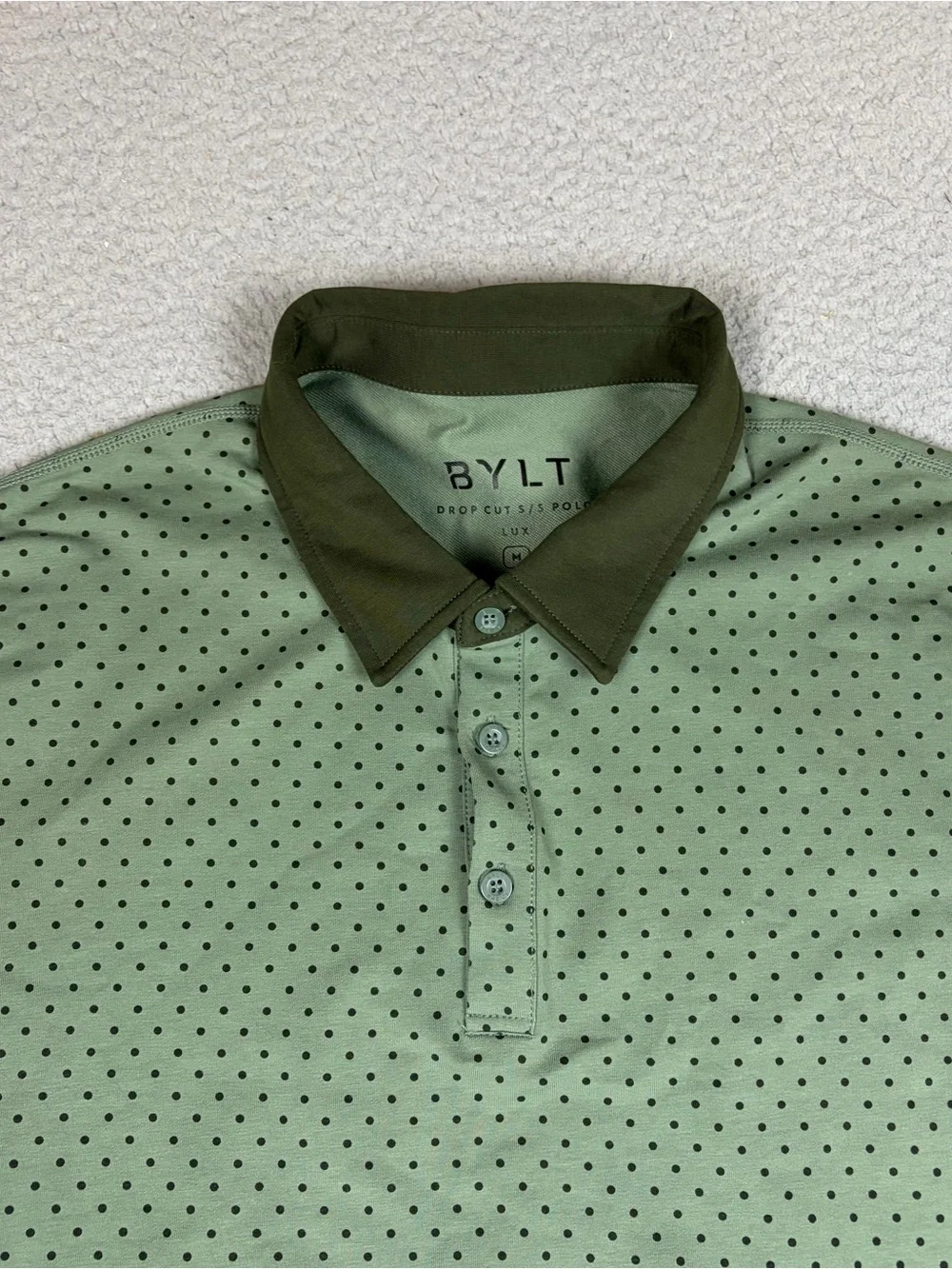 BYLT Basics Polo with Olive Green and Dark Green Trim Polka Dots Stretch - Picture 2 of 9